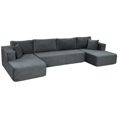HOMCOM Canapea modulară în U 4 locuri, 2 meridiene, canapea 2 locuri, 6 perne, fără montaj, 369 x 152 x 78 cm, gri | Aosom Romania