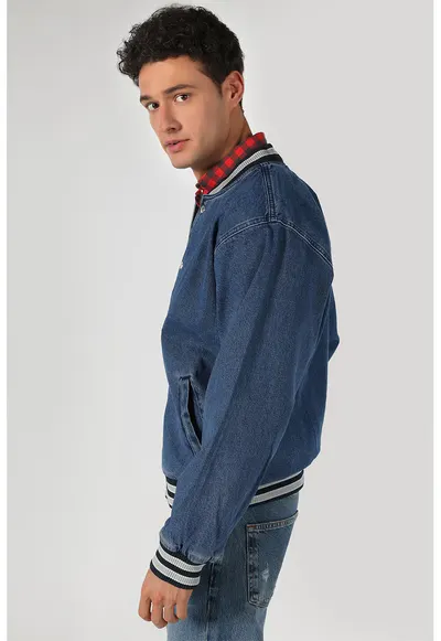 Jacheta din denim cu guler baseball Jean - Albastru inchis