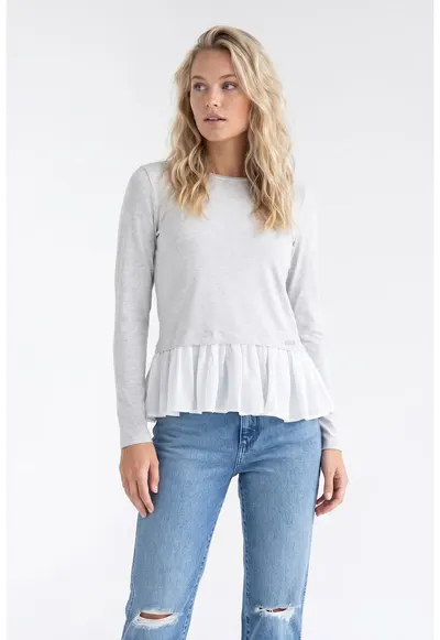 Bluza casual cu decolteu rotund - maneca lunga - croiala evazata - lungime standard - din vascoza - M1346 - Gri deschis