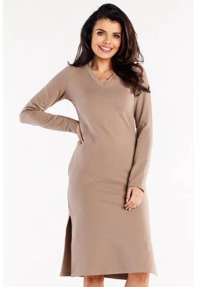 Rochie elastica din bumbac cu design modern - Latte