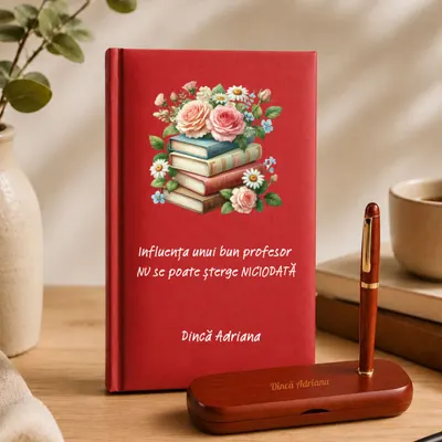 Cadou pentru profesor model floral- Agenda + set de scris personalizate