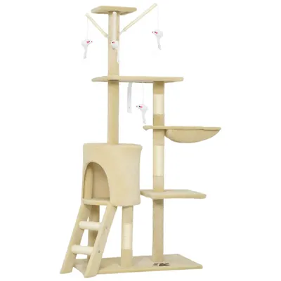 PawHut Turelă pentru pisici cu căsuță, stâlp de ascuțit gheare, platforme și 4 șoricei, din lemn, pluș și sisal, 50x35x134.2 cm, gri | Aosom Romania