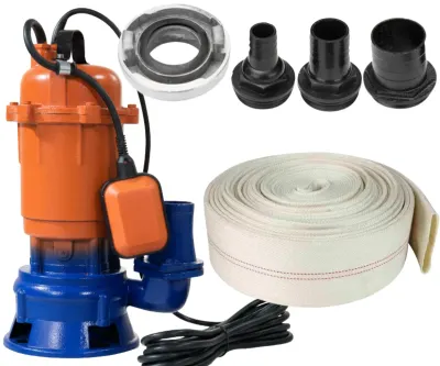 *PACHET* Pompa apa 3000W submersibila cu tocator, 25.000 l/h, 2900rpm, plutitor, racord 2'' toli, + 3 conectori apa si FURTUN POMPIERI 20M CMP1427