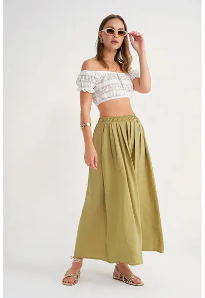 Fusta maxi talie inalta - snur - verde olive - textil