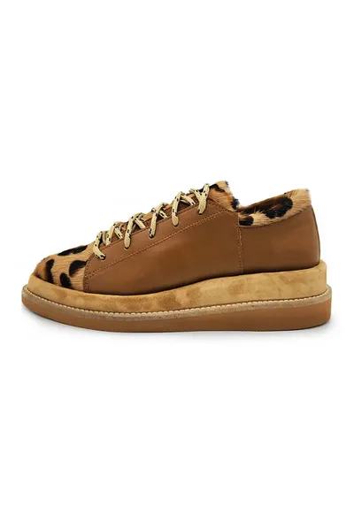Pantofi sport cu garnituri din piele cu par scurt si imprimeu - Maro inchis/Caramel