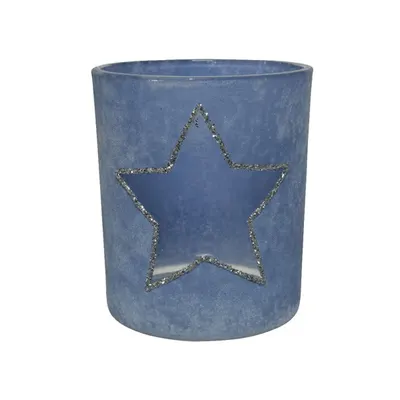 Suport lumanare - Glass Snowy Hollowed - Star with Gold Rim - Blue
