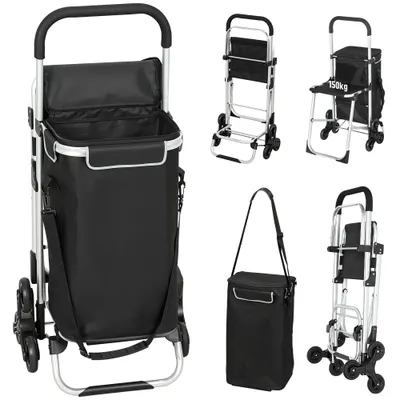 HOMCOM Cărucior de Cumpărături cu Geantă Impermeabilă de 40L, 46x59.5x97 cm, Negru și Argintiu | Aosom Romania