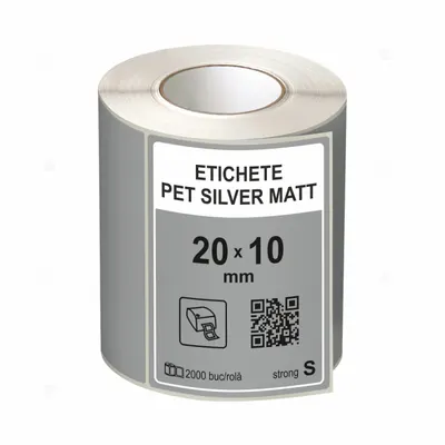 Rola etichete autoadezive PET Silver Matt, 20x10 mm, adeziv strong, 2000 etichete rola