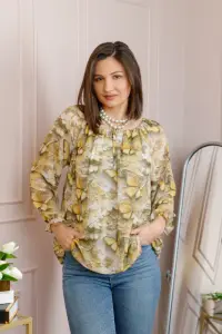 Bluza dama din voal bej cu fluturi galbeni Georgia