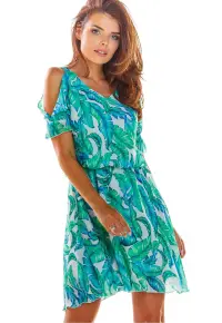Rochie vaporoasa de vara in clos din sifon - - Alb/Verde/Albastru