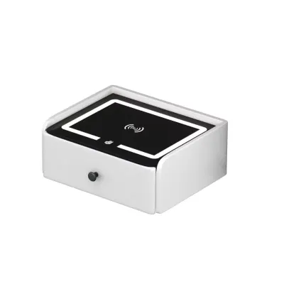 Noptiera inteligenta cu incarcare wireless, iluminare LED, 1 sertar de depozitare – culoare alba, design modern din sticla si lemn