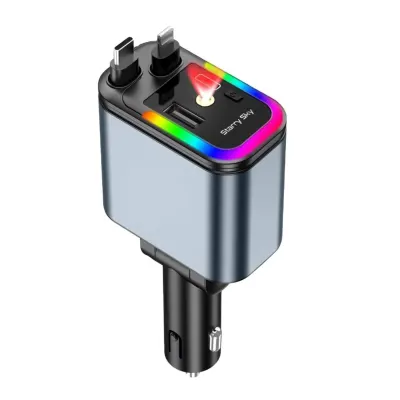 Incarcator Auto Retractabil 4-in-1 Fast Charge, 2 Cabluri Retractabile Lightning & Type-C, Iluminare RGB, Proiectie Stelara Laser