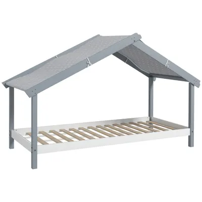 HOMCOM Pat Montessori pentru Copii în Formă de Căsuță cu Acoperiș Înstelat, Pat cu 15 Șipci, 213x100x140 cm, Gri | Aosom Romania
