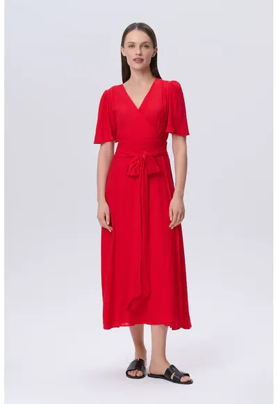 Rochie cu decolteu in V si cordon asortat - Rosu vermillion