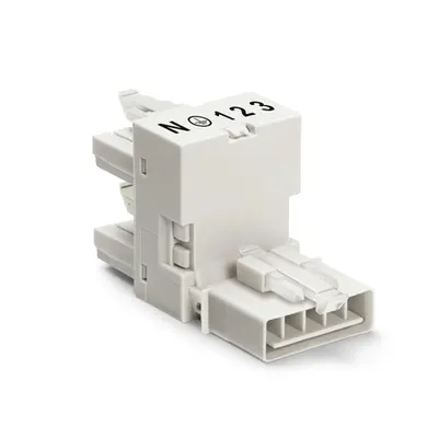 h-distribution connector; 5-pole; Cod. A; 1 input; 2 outputs; outputs on one side; 3 locking levers; for flying leads; white