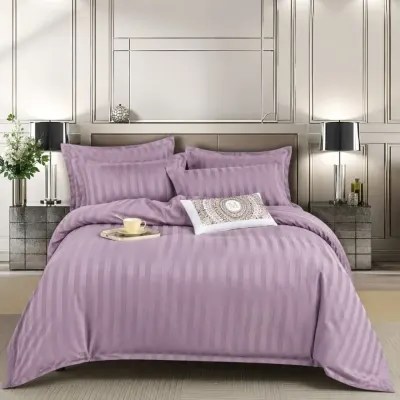 Lenjerie HoReCa, pat dublu, Damasc Finetat Deluxe cu Elastic, 6 piese, Lila