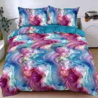 Lenjerie pat dublu, bumbac satinat, cearsaf clasic, 4 piese, Albastru, Mov, abstract
