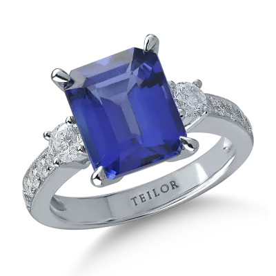 Inel din aur alb cu tanzanit emerald de 4.6ct si diamante de 0.6ct