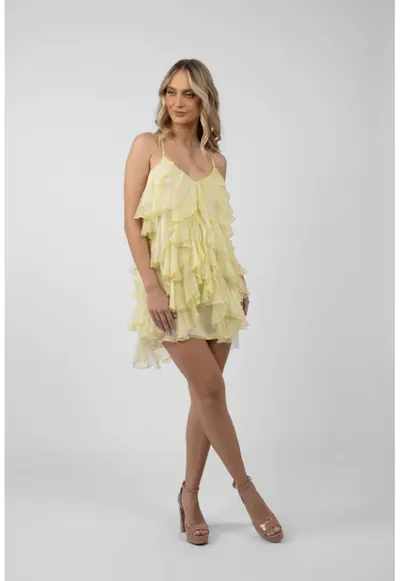 Rochie Lucky scurta din matase cu volane ample Yellow print