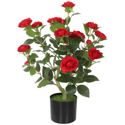 HOMCOM Plantă Artificială de Camelie 65 cm Arbore Artificial în Ghiveci cu Flori din Mătase Realiste 116 Frunze Efect Mușchi Roșu | Aosom Romania