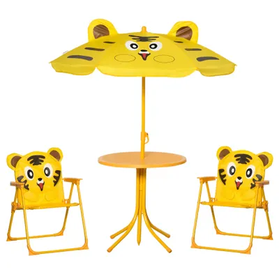 Outsunny Set de Grădină 4 Piese pentru Copii cu Model Tigru și Măsuță Rotundă, 2 Scaune Pliabile și o Umbrelă Reglabilă, Măsuță cu Scaune pentru Copii 3-6 Ani de Exterior, Galben | Aosom Romania