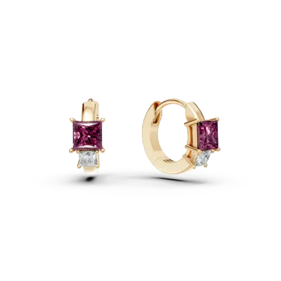 Cercei hoop din aur galben cu rubine square de 0.3ct si diamante de 0.06ct