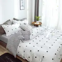 Lenjerie pat dublu, bumbac satinat, 4 piese, Alb, Negru, inimioare