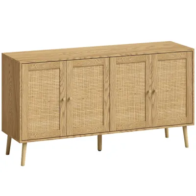 HOMCOM Bufet din rattan cu 4 uși, bufet boho de bucătărie cu 2 rafturi reglabile, aspect lemn natural | Aosom Romania