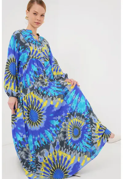 Rochie maxi - imprimeu - decolteu in V - viscoza - Albastru - Albastru inchis