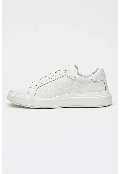 Pantofi sport low-cut de piele cu aspect masiv si monograma - Alb