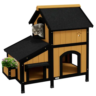 PawHut Casă pentru pisici Adăpost pentru pisici Peșteră, incl. Ghiveci, 96 cm x 65 cm x 85,5 cm, Galben + Alb + Negru | Aosom Romania