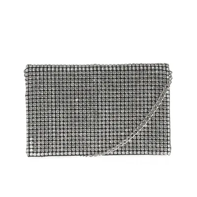 Clutch argintiu cu strasuri si lant metalic detasabil