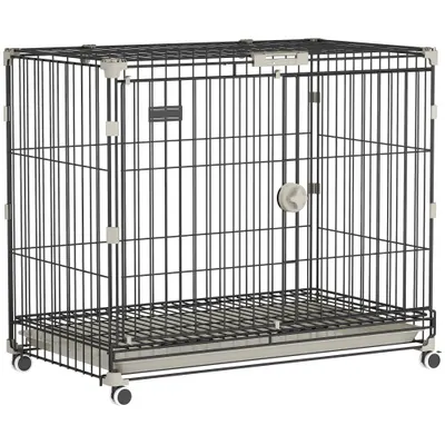 PawHut Cușcă pliabilă pentru câini, Tavă detașabilă, Roți cu frâne, Acoperiș rabatabil, Ușă de hrănire, 75,5x46x64,5cm, Negru | Aosom Romania