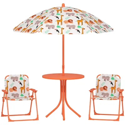 AIYAPLAY Set de Grădină pentru Copii, Masă și Scaune cu Umbrelă, Masă de Picnic pentru Exterior cu 2 Scaune Pliabile pentru Copii de 2-5 Ani, Portocaliu | Aosom Romania