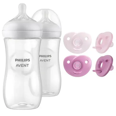 Set ingrijire Philips Avent: Biberon anticolici, Natural Response, 330 ml, 3 luni+, 2 buc + Suzete Soothie, 2 buc, 0-6 luni, Din silicon, Roz