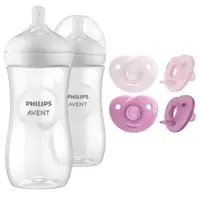 Set ingrijire Philips Avent: Biberon anticolici, Natural Response, 330 ml, 3 luni+, 2 buc + Suzete Soothie, 2 buc, 0-6 luni, Din silicon, Roz