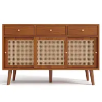 Comodă cu 3 sertare și 3 uși glisante, uși cu împletitură de ratan, 120×40×78 cm, Culoare naturală