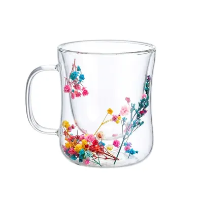 Cană cu inserție de flori uscate multicolore, floarea miresei, pereți dubli, sticlă borosilicată, 200 ml, Aurora Bloom
