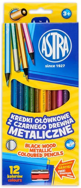 Creioane colorate Astra -12 culori metalice, din lemn negru, cu ascutitoare