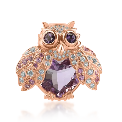 Brosa bufnita din aur roz cu pietre pretioase si semipretioase de 5.35ct