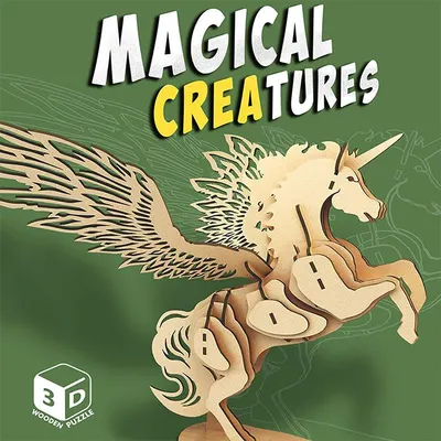 Puzzle 3D din lemn Raya Toys - Creaturi magice: Unicorn, 44 piese