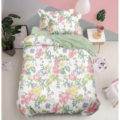 Lenjerie pat 140x200cm, FINET, 4 piese, cu ELASTIC, Alb, Verde, Roz, Flori