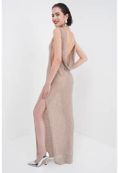 Rochie maxi cu strasuri - Bej inchis/Argintiu