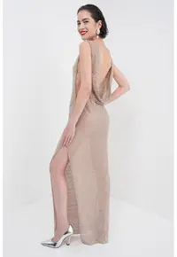 Rochie maxi cu strasuri - Bej inchis/Argintiu