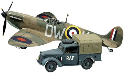 Model de asamblare TAMIYA Militar: Mașini - Supermarine Spitfire Mk.I și Light Utility Car 10HP Tilly