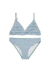 Costum de baie cu doua piese si model in carouri - Alb/Verde/Albastru