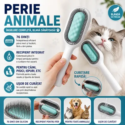 Perie pentru ingrijirea animalelor de companie, indepartarea parului cazut, cu baza de autocuratare, piepteni tari si rola lipicioasa pentru scame, Verde
