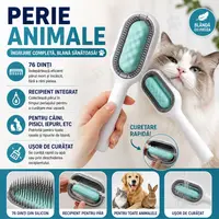 Perie pentru ingrijirea animalelor de companie, indepartarea parului cazut, cu baza de autocuratare, piepteni tari si rola lipicioasa pentru scame, Verde
