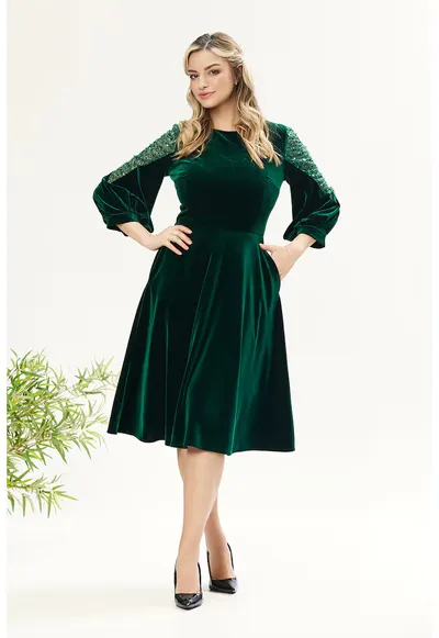 Rochie catifelata cu paiete - Verde inchis