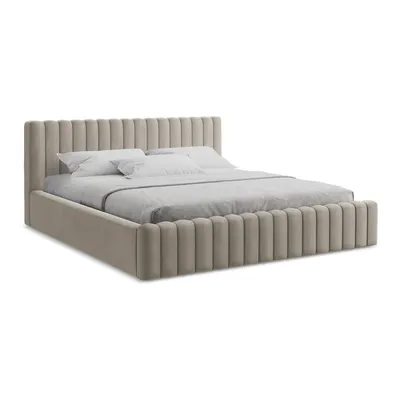 Pat matrimonial taupe tapițat cu spațiu de depozitare cu somieră 140x200 cm Lemi – Makamii